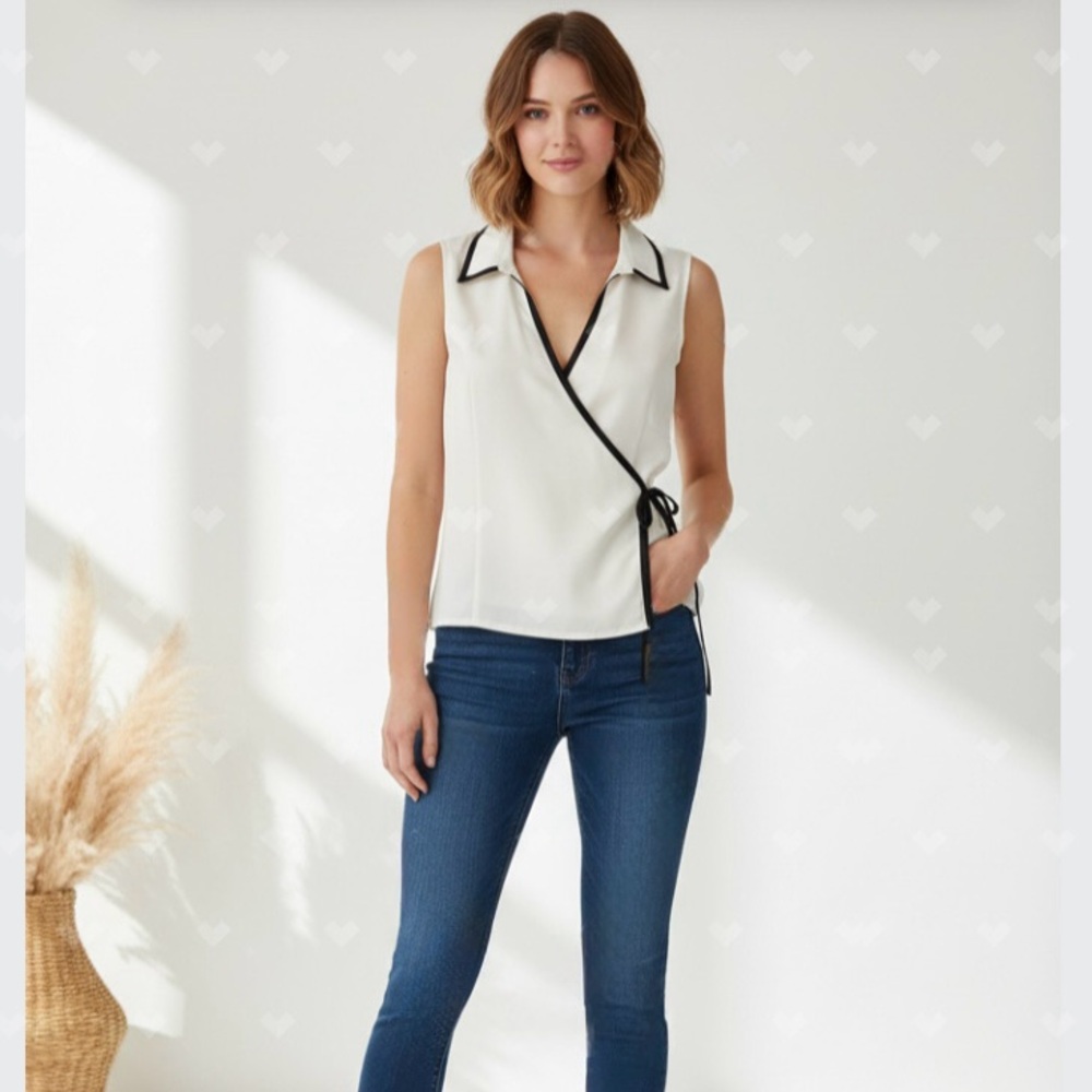 SilkLand Cream Sleeveless Wrap Blouse with Black Trim